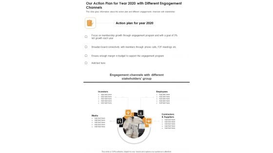 Our Action Plan For Year 2020 With Different Engagement Channels One Pager Documents