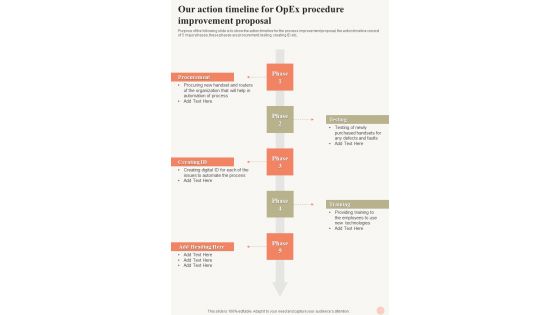 Our Action Timeline For Opex Procedure Improvement Proposal One Pager Sample Example Document