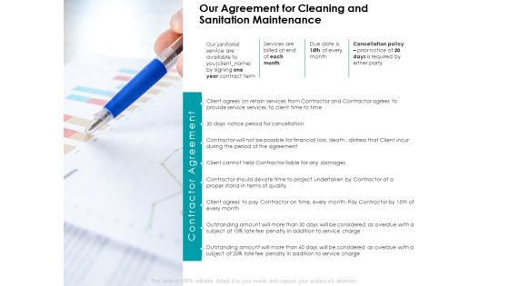 Our Agreement For Cleaning And Sanitation Maintenance Agenda Ppt PowerPoint Presentation Layouts Show