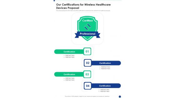 Our Certifications For Wireless Healthcare Devices Proposal One Pager Sample Example Document