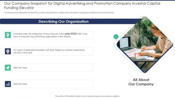 Our Company Snapshot For Digital Advertising And Promotion Company Investor Capital Portrait PDF