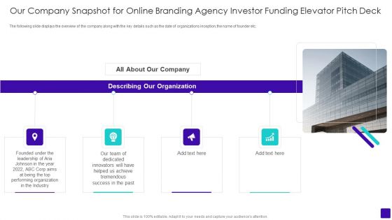 Our Company Snapshot For Online Branding Agency Investor Funding Elevator Pitch Deck Template PDF