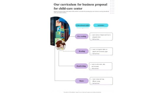 Our Curriculum For Business Proposal For Child Care Center One Pager Sample Example Document Our Curriculum For Business Proposal For Child Care Center One Pager Sample Example Document