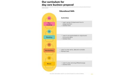 Our Curriculum For Day Care Business Proposal One Pager Sample Example Document