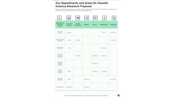 Our Departments And Areas For Genetic Science Research Proposal One Pager Sample Example Document