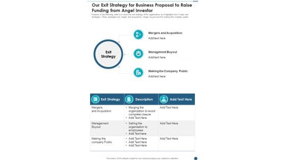 Our Exit Strategy For Business Proposal To Raise Funding From Angel Investor One Pager Sample Example Document Our Exit Strategy For Business Proposal To Raise Funding From Angel Investor One Pager Sample Example Document