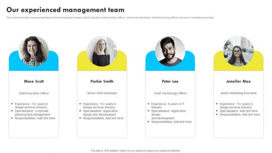 Our Experienced Management Team Web Design And Development Company Profile Background PDF
