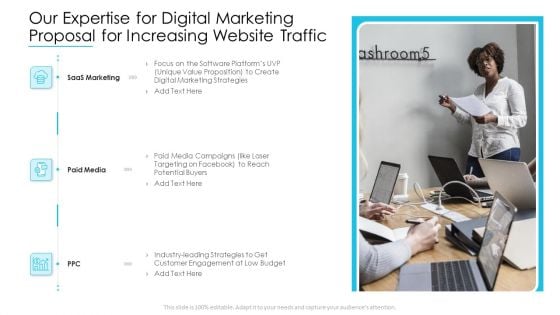 Our Expertise For Digital Marketing Proposal For Increasing Website Traffic Portrait PDF