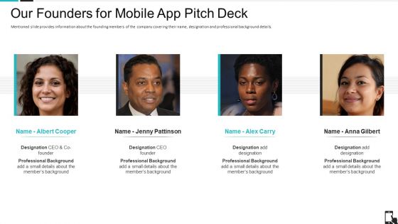 Our Founders For Mobile App Pitch Deck Ppt Icon Styles PDF