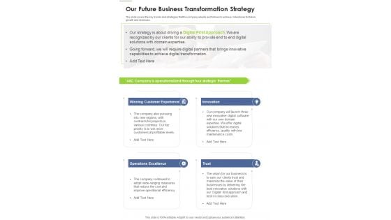 Our Future Business Transformation Strategy Template 326 One Pager Documents Our Future Business Transformation Strategy Template 326 One Pager Documents