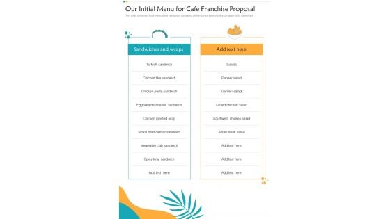 Our Initial Menu For Cafe Franchise Proposal One Pager Sample Example Document Our Initial Menu For Cafe Franchise Proposal One Pager Sample Example Document