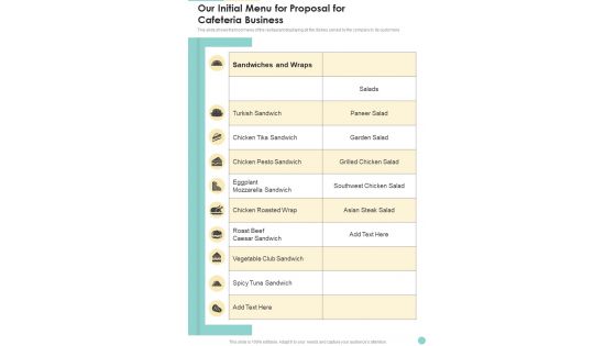 Our Initial Menu For Proposal For Cafeteria Business One Pager Sample Example Document Our Initial Menu For Proposal For Cafeteria Business One Pager Sample Example Document