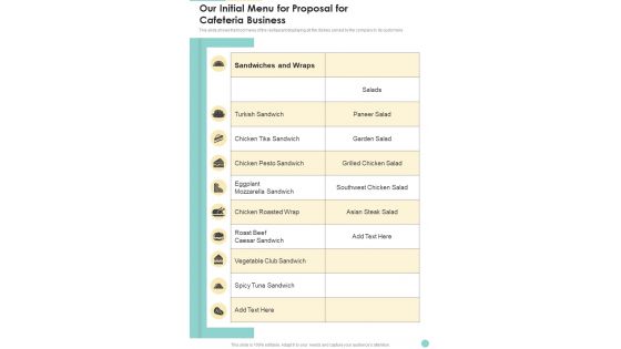 Our Initial Menu For Proposal For Cafeteria Business One Pager Sample Example Document