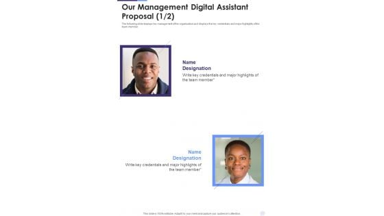 Our Management Digital Assistant Proposal One Pager Sample Example Document Our Management Digital Assistant Proposal One Pager Sample Example Document