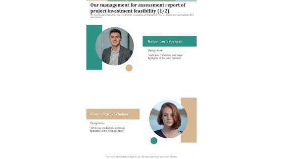 Our Management For Assessment Report Of Project Investment Feasibility One Pager Sample Example Document Our Management For Assessment Report Of Project Investment Feasibility One Pager Sample Example Document