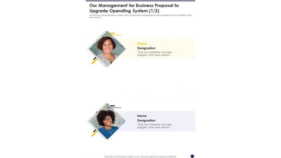 Our Management For Business Proposal To Upgrade Operating System One Pager Sample Example Document Our Management For Business Proposal To Upgrade Operating System One Pager Sample Example Document