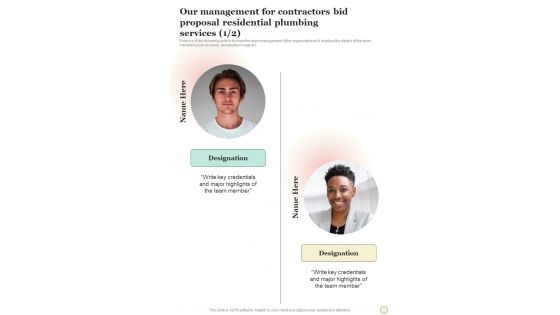 Our Management For Contractors Bid Proposal Residential Plumbing Services One Pager Sample Example Document Our Management For Contractors Bid Proposal Residential Plumbing Services One Pager Sample Example Document