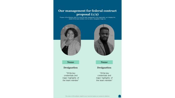 Our Management For Federal Contract Proposal One Pager Sample Example Document Our Management For Federal Contract Proposal One Pager Sample Example Document