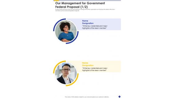 Our Management For Government Federal Proposal One Pager Sample Example Document Our Management For Government Federal Proposal One Pager Sample Example Document