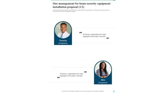 Our Management For Home Security Equipment Installation One Pager Sample Example Document