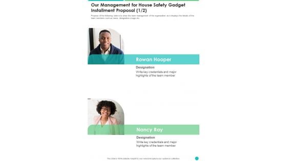 Our Management For House Safety Gadget Installment Proposal One Pager Sample Example Document Our Management For House Safety Gadget Installment Proposal One Pager Sample Example Document