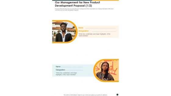 Our Management For New Product Development Proposal One Pager Sample Example Document Our Management For New Product Development Proposal One Pager Sample Example Document
