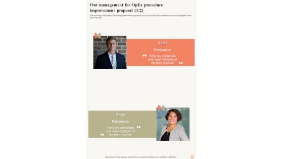 Our Management For Opex Procedure Improvement Proposal One Pager Sample Example Document Our Management For Opex Procedure Improvement Proposal One Pager Sample Example Document