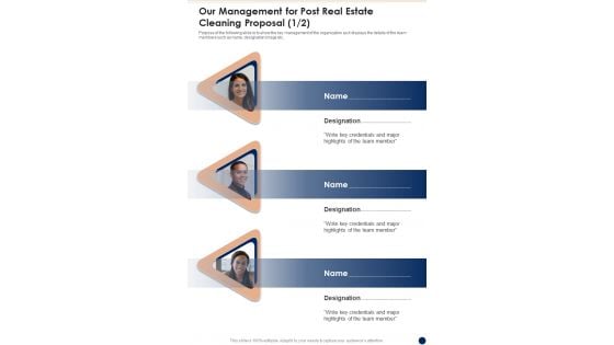 Our Management For Post Real Estate Cleaning Proposal One Pager Sample Example Document Our Management For Post Real Estate Cleaning Proposal One Pager Sample Example Document