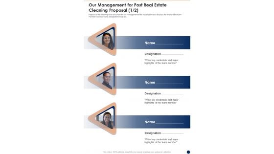 Our Management For Post Real Estate Cleaning Proposal One Pager Sample Example Document