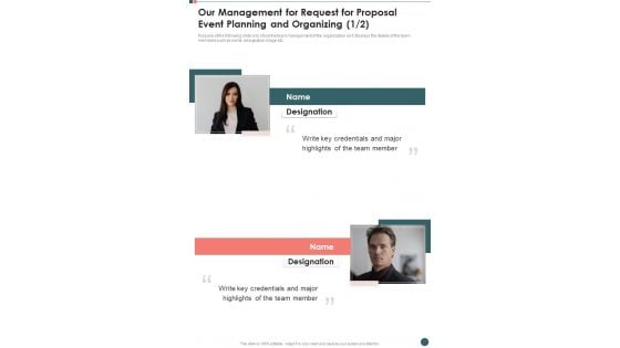 Our Management For Request For Proposal Event Planning And Organizing One Pager Sample Example Document