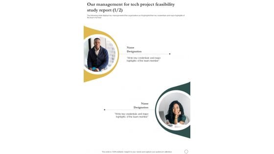 Our Management For Tech Project Feasibility Study Report One Pager Sample Example Document Our Management For Tech Project Feasibility Study Report One Pager Sample Example Document