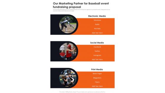 Our Marketing Partner For Baseball Event Fundraising Proposal One Pager Sample Example Document