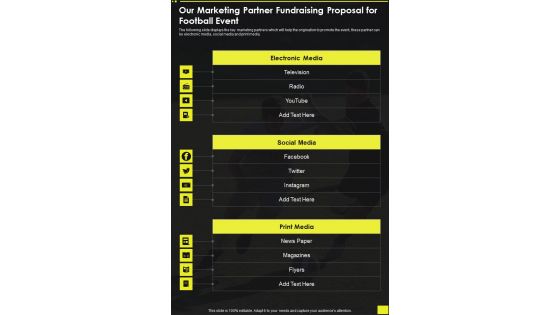 Our Marketing Partner Fundraising Proposal For Football Event One Pager Sample Example Document