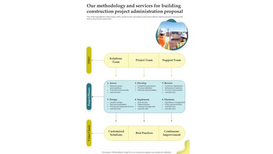 Our Methodology And Services For Building Construction Project Administration Proposal One Pager Sample Example Document Our Methodology And Services For Building Construction Project Administration Proposal One Pager Sample Example Document