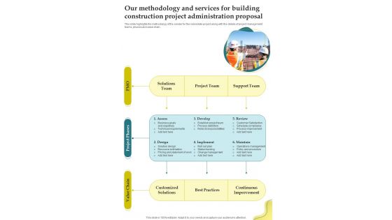 Our Methodology And Services For Building Construction Project Administration Proposal One Pager Sample Example Document