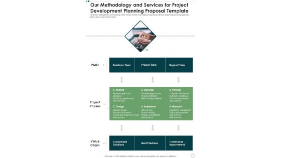 Our Methodology And Services For Project Development Planning Template One Pager Sample Example Document