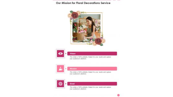 Our Mission For Floral Decorations Service One Pager Sample Example Document Our Mission For Floral Decorations Service One Pager Sample Example Document