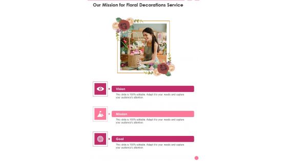 Our Mission For Floral Decorations Service One Pager Sample Example Document