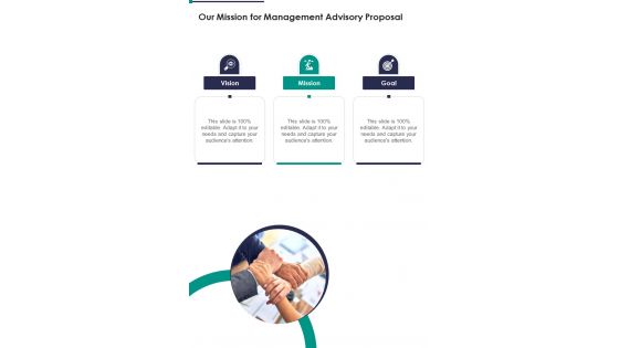 Our Mission For Management Advisory Proposal One Pager Sample Example Document Our Mission For Management Advisory Proposal One Pager Sample Example Document