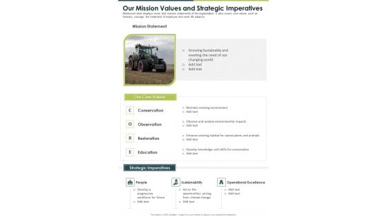 Our Mission Values And Strategic Imperatives One Pager Documents