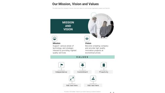 Our Mission Vision And Values One Pager Documents