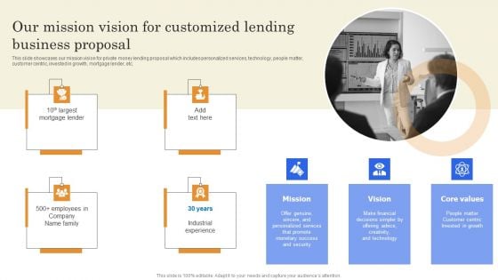 Our Mission Vision For Customized Lending Business Proposal Infographics PDF