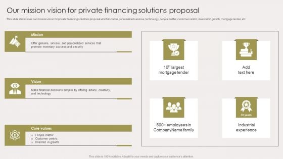 Our Mission Vision For Private Financing Solutions Proposal Summary PDF