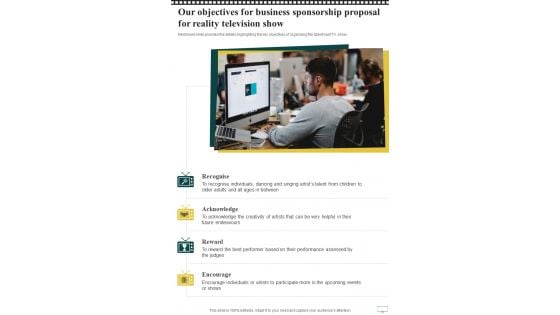 Our Objectives For Business Sponsorship Proposal For Reality Television Show One Pager Sample Example Document Our Objectives For Business Sponsorship Proposal For Reality Television Show One Pager Sample Example Document