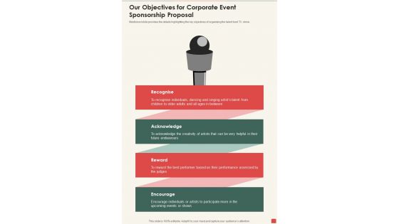 Our Objectives For Corporate Event Sponsorship Proposal One Pager Sample Example Document Our Objectives For Corporate Event Sponsorship Proposal One Pager Sample Example Document