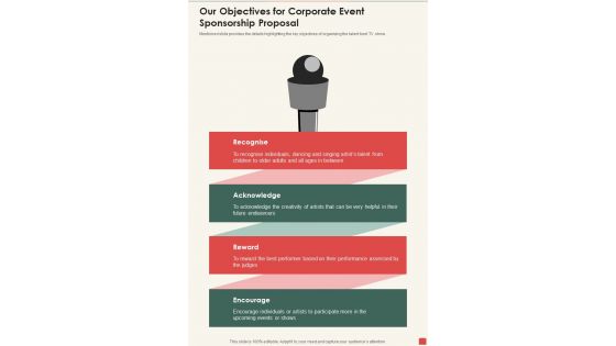 Our Objectives For Corporate Event Sponsorship Proposal One Pager Sample Example Document