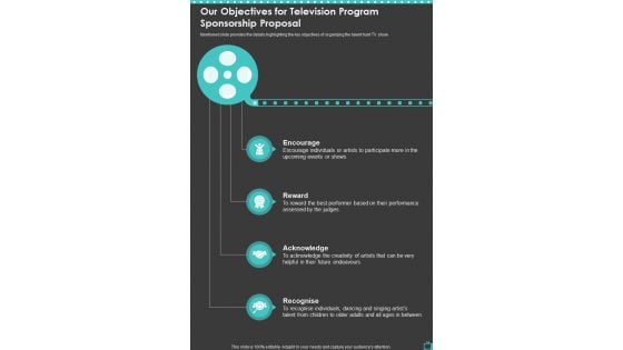 Our Objectives For Television Program Sponsorship Proposal One Pager Sample Example Document Our Objectives For Television Program Sponsorship Proposal One Pager Sample Example Document