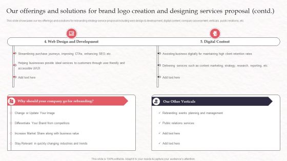 Our Offerings And Solutions For Brand Logo Creation And Designing Services Proposal Template PDF