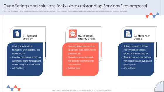 Our Offerings And Solutions For Business Rebranding Services Firm Proposal Sample PDF Our Offerings And Solutions For Business Rebranding Services Firm Proposal Sample PDF