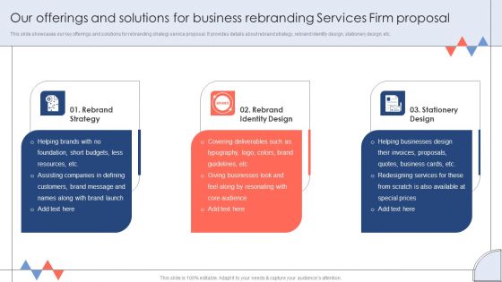 Our Offerings And Solutions For Business Rebranding Services Firm Proposal Sample PDF